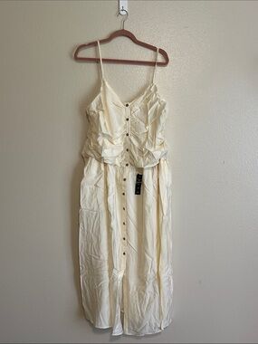 Cream Button-Front Spaghetti Strap Midi Dress